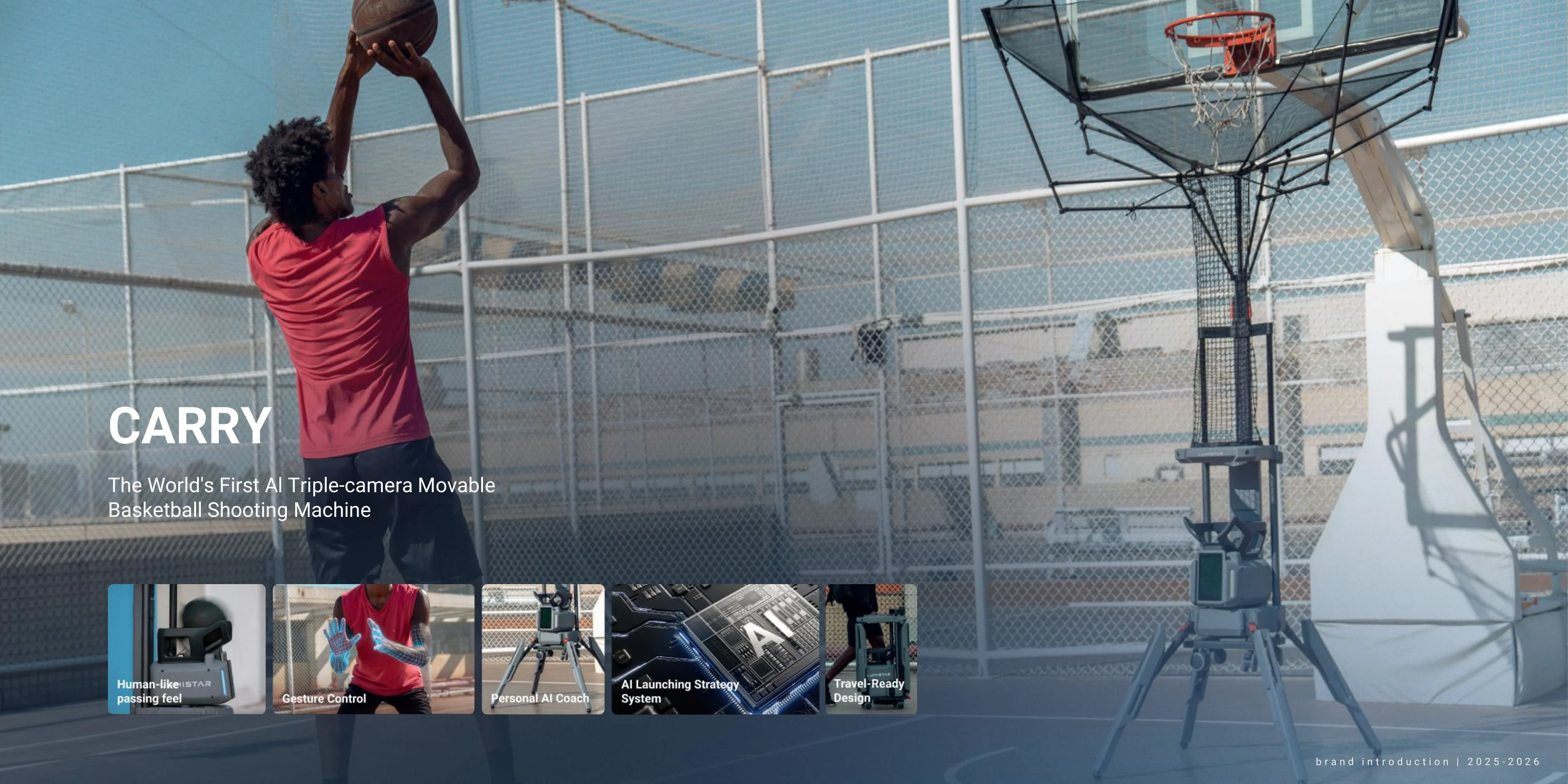 Lumistar CARRY, robot d'entraînement basket à IA tri-caméra qui sert la balle au joueur sous le panier